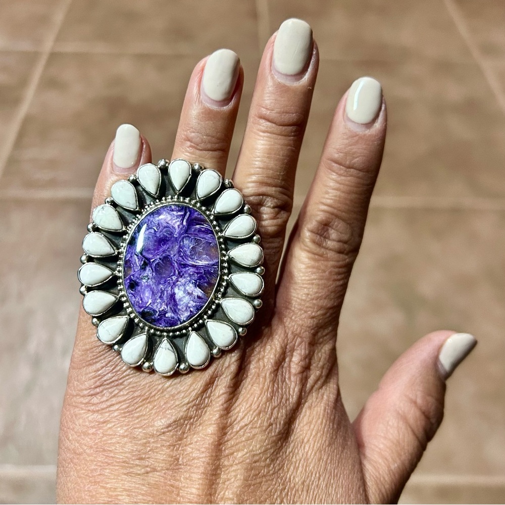 NAVAJO Made ‘Garcia’ Cluster Ring, Adjustable, Sterling Silver Purple & White